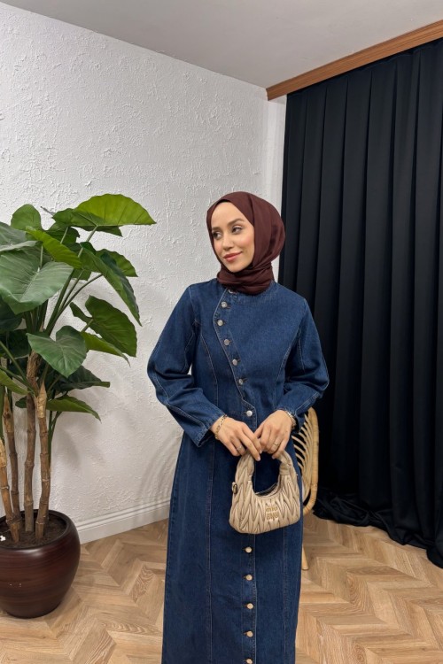 Uzun Düğmeli Kot Elbise Lacivert