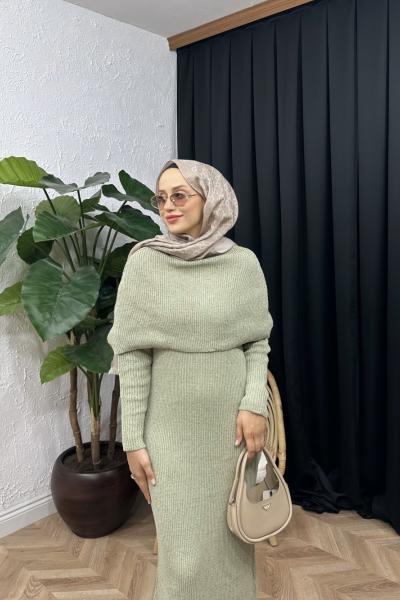 Vektor Pelerinli Triko Elbise Mint Yeşili