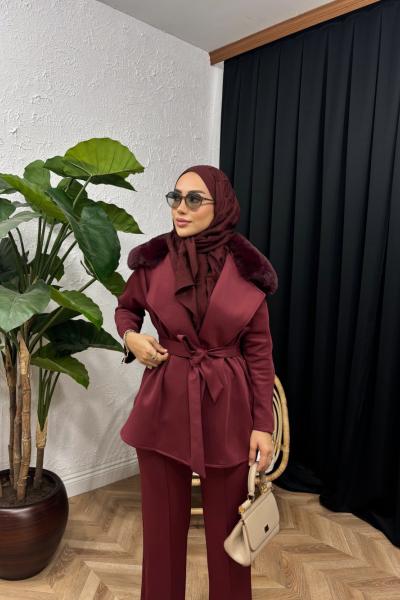 Velisse Kürk Detaylı Pantolon Takım Bordo