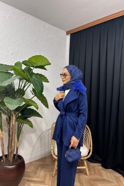 Velisse Kürk Detaylı Pantolon Takım Saks Mavisi