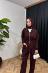 Velvet Fermuarlı Cepli Takım Vişne