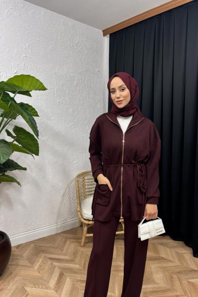 Velvet Fermuarlı Cepli Takım Vişne