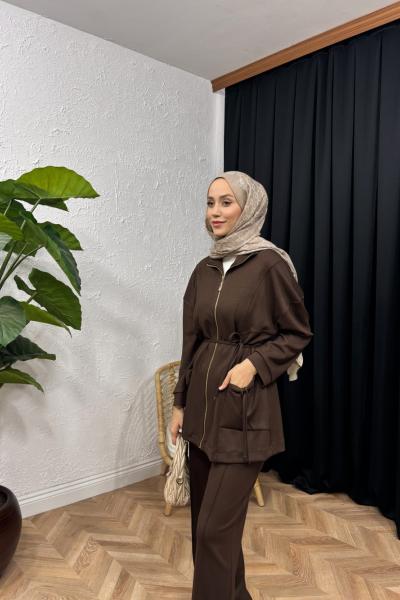 Velvet Fermuarlı Cepli Takım Kahverengi