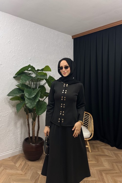 Vera Düğmeli Etekli Takım Siyah