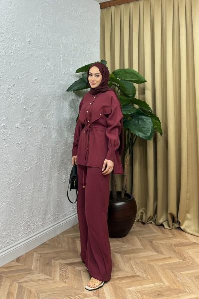 Veronica Gold Düğmeli Takım Bordo