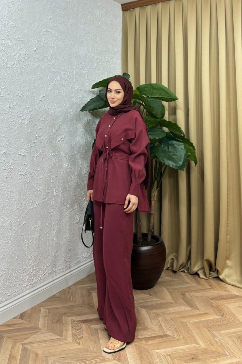 Veronica Gold Düğmeli Takım Bordo