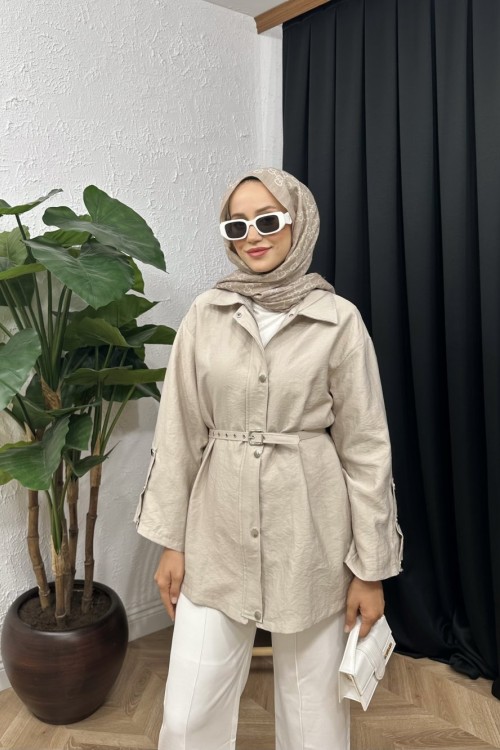 Veyron Kemerli Ceket Ekru