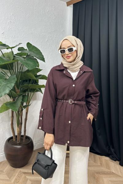 Veyron Kemerli Ceket Mürdüm