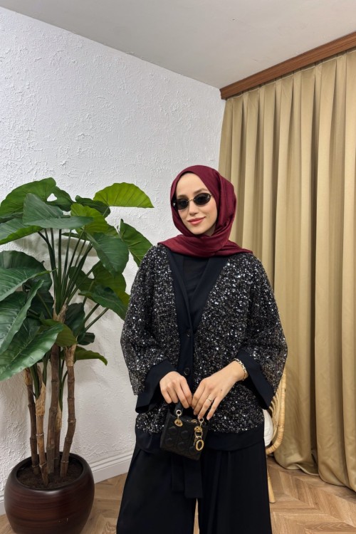 Wood Payetli Pantolon Takım Siyah