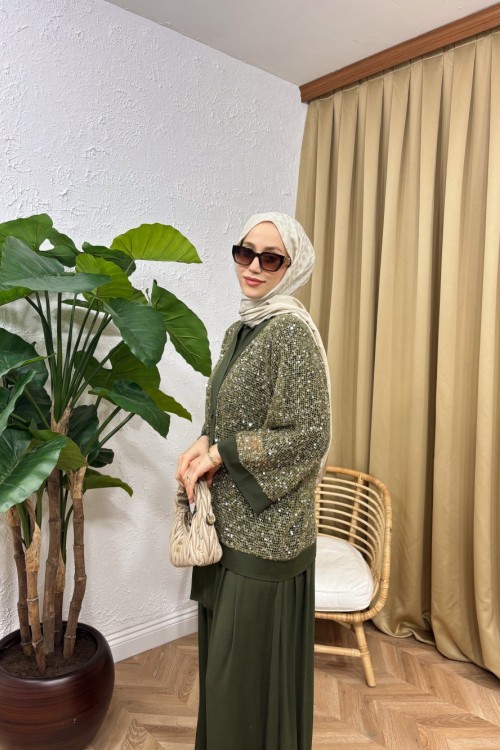 Wood Payetli Pantolon Takım Haki