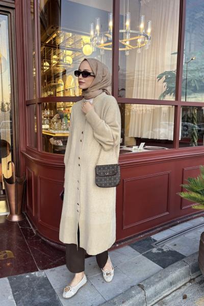 Wowe Uzun Düğmeli Hırka  Camel