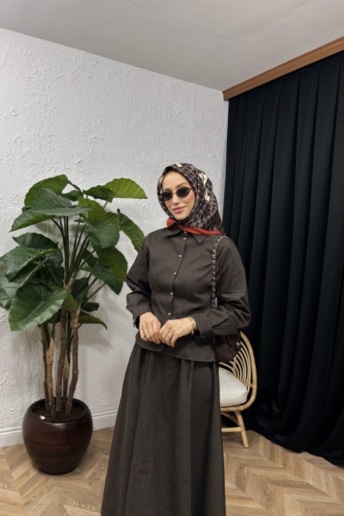 Madame Bel Detaylı Denim Etek Takım Kahverengi