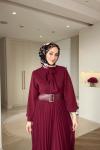 Elegant Piliseli Elbise Bordo