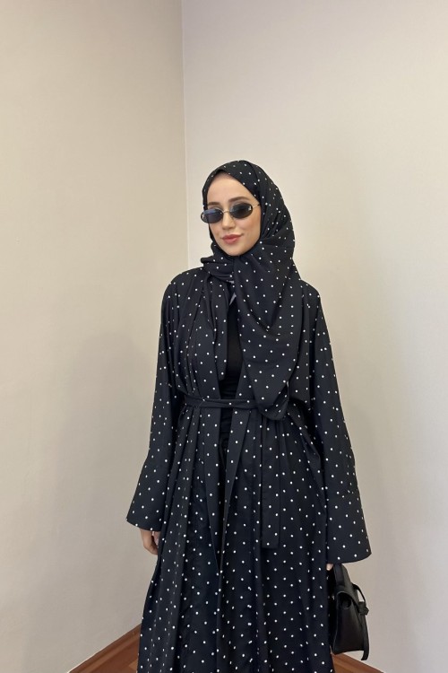 Puantiye Desenli Şallı Abaya Siyah