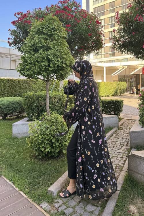 Elois Çiçekli Abaya Siyah