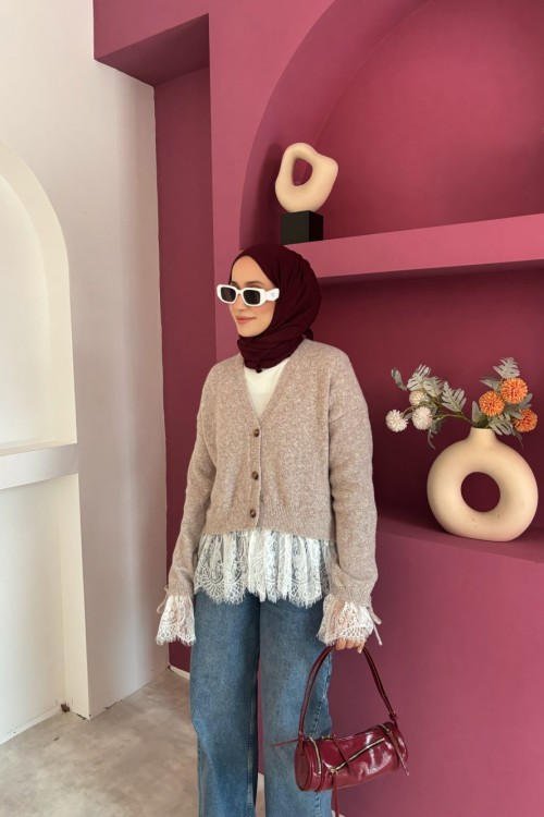Dantel Detaylı Hırka Bej
