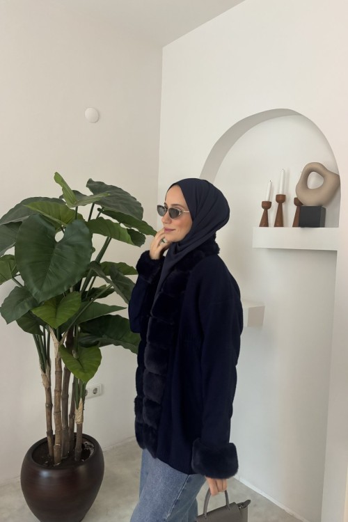 İthal Kürklü Hırka  Lacivert