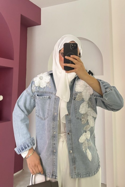 Özel İşlemeli Kot Ceket  Açık Mavi