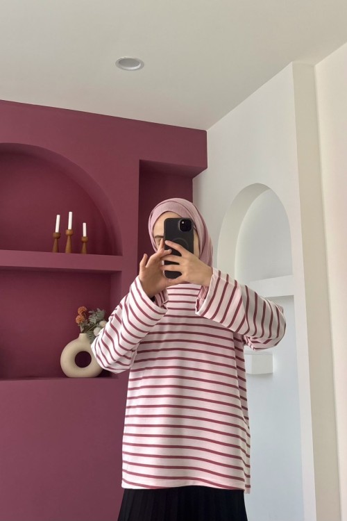 Nora Çizgili Tshirt  Pembe