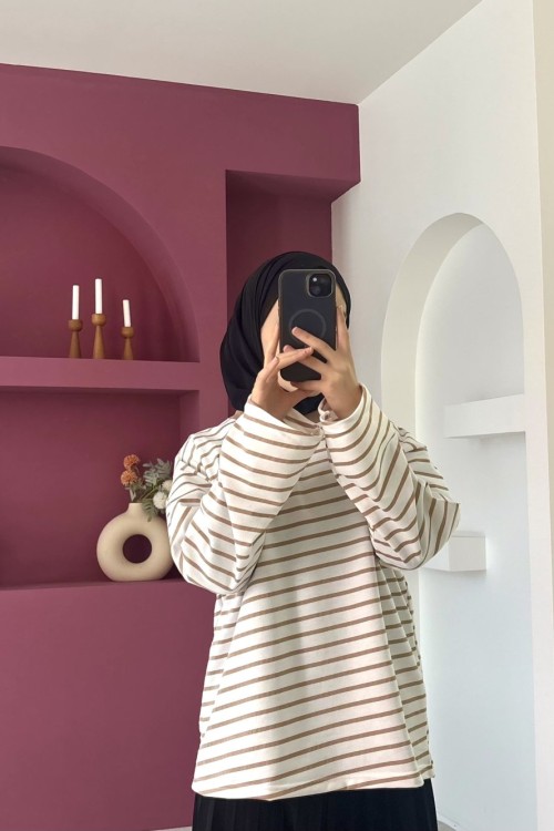 Nora Çizgili Tshirt  Sütlü Kahve