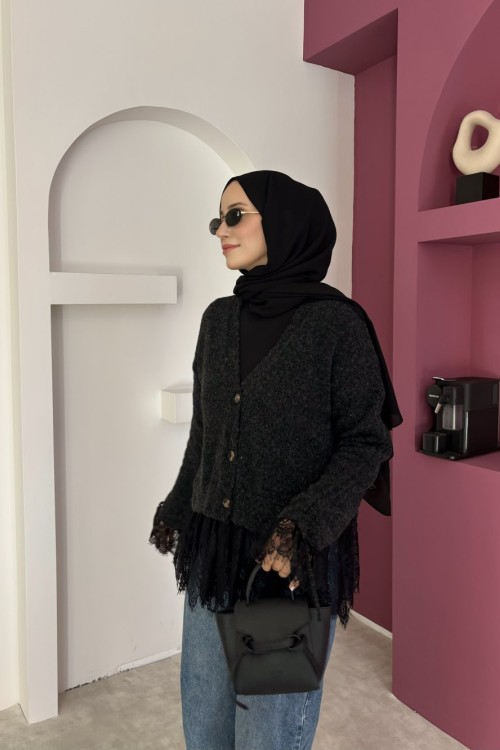 Dantel Detaylı Hırka  Antrasit