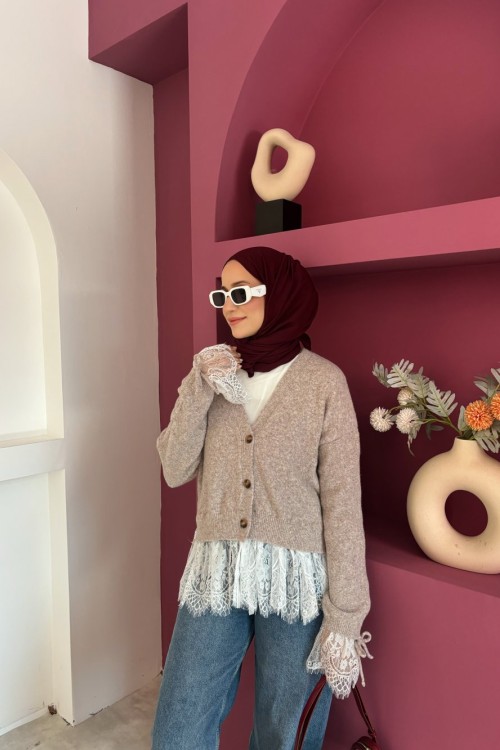 Dantel Detaylı Hırka  Sütlü Kahve